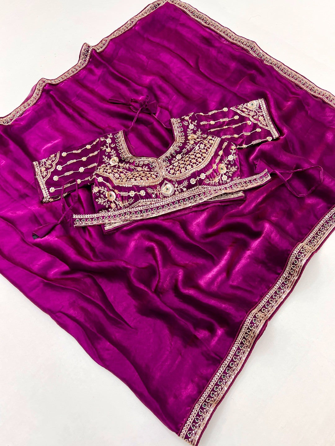 Purple Satin Saree with Beautiful Embroidered Blouse for Party Wear - Image 3