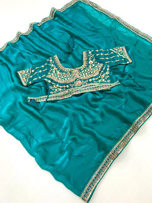 Stylish Turquoise Satin Saree with Beautiful Embroidered Blouse for Party Wear - Image 2