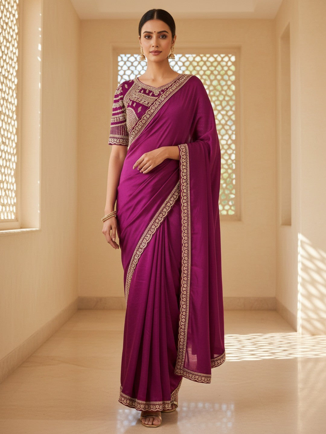 Elegant Magenta Satin Saree with Embellished Blouse - Image 1