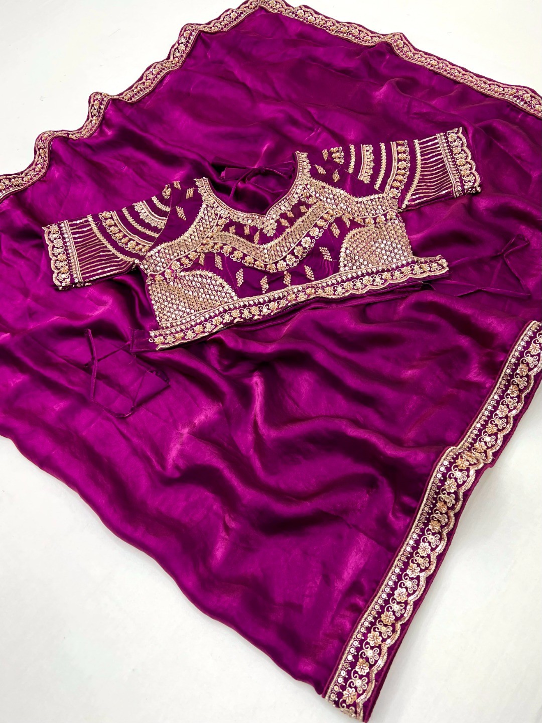Elegant Magenta Satin Saree with Embellished Blouse - Image 2