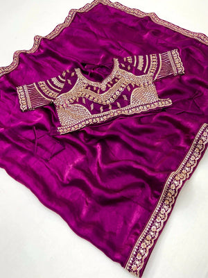 Elegant Magenta Satin Saree with Embellished Blouse - Image 2