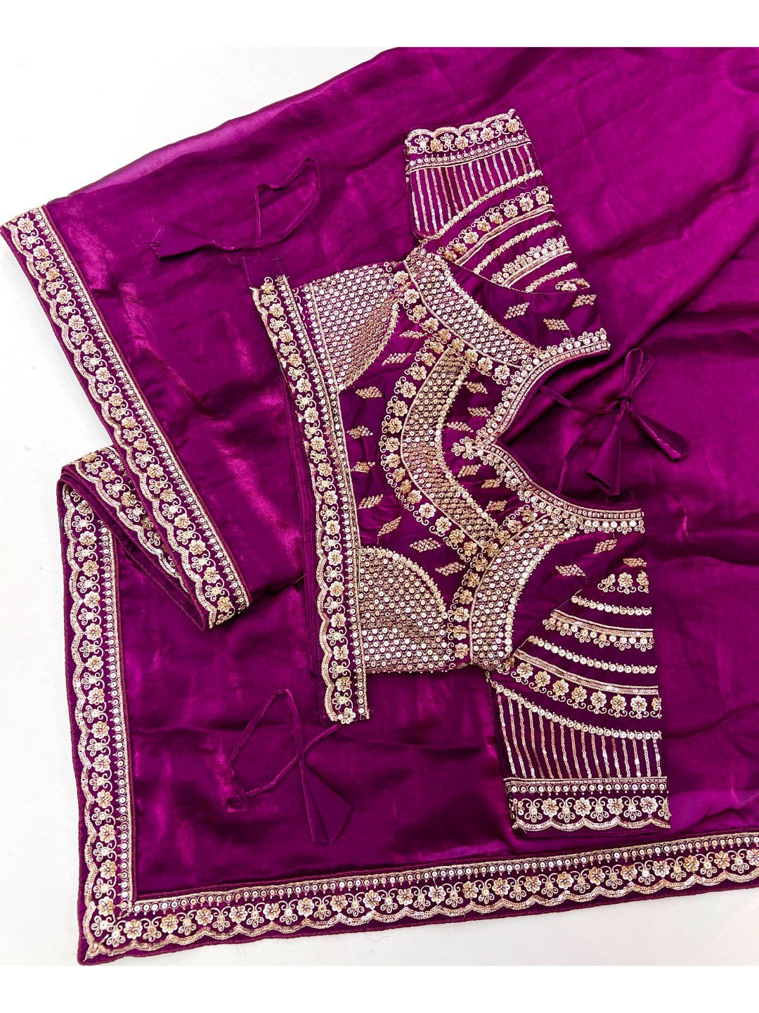 Elegant Magenta Satin Saree with Embellished Blouse - Image 3