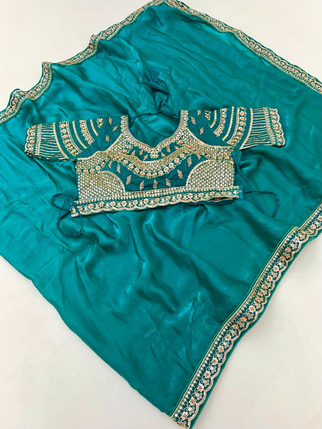 Elegant Turquoise Satin Saree with Embroidered Blouse - Image 3