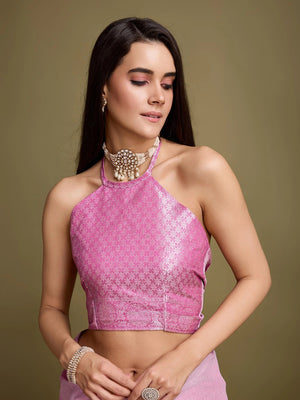Sophisticated Pink Linen Saree Featuring Intricate Zari Weaving & Tassel Accents - Image 2