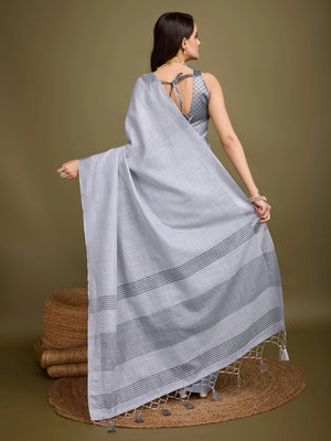 Sophisticated Grey Linen Saree Featuring Intricate Zari Weaving & Tassel Accents - Image 2