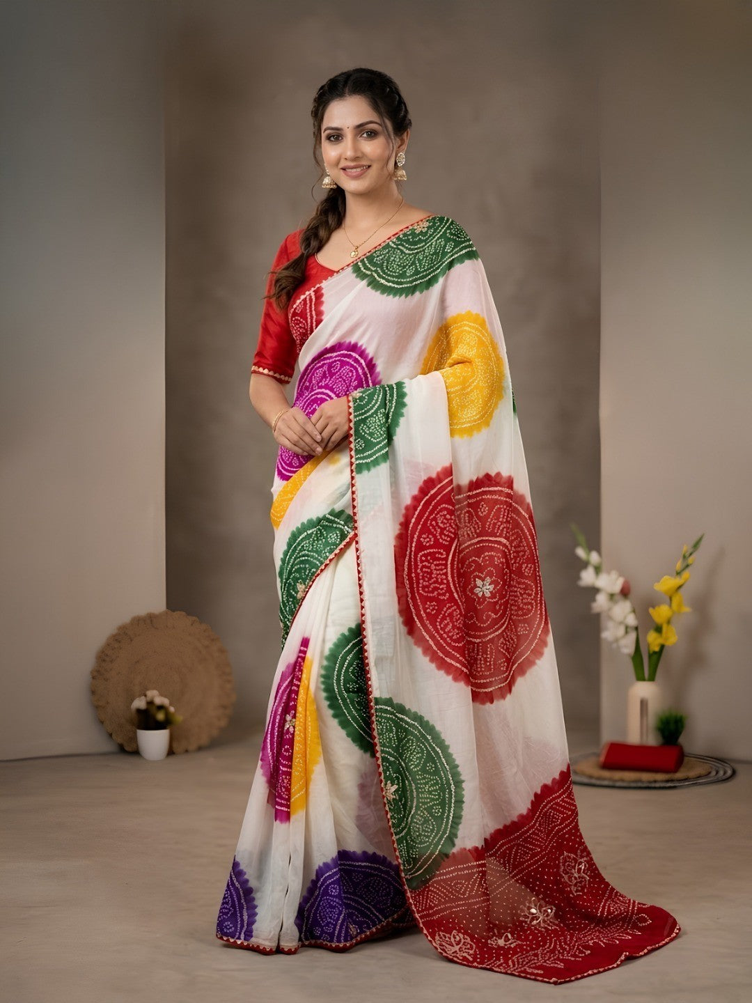 Stunning Multicolor Bandhani Print Chiffon Saree With Rich Gota Patti Embellishment - Image 1