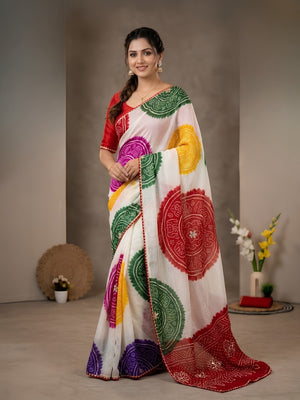 Stunning Multicolor Bandhani Print Chiffon Saree With Rich Gota Patti Embellishment - Image 1