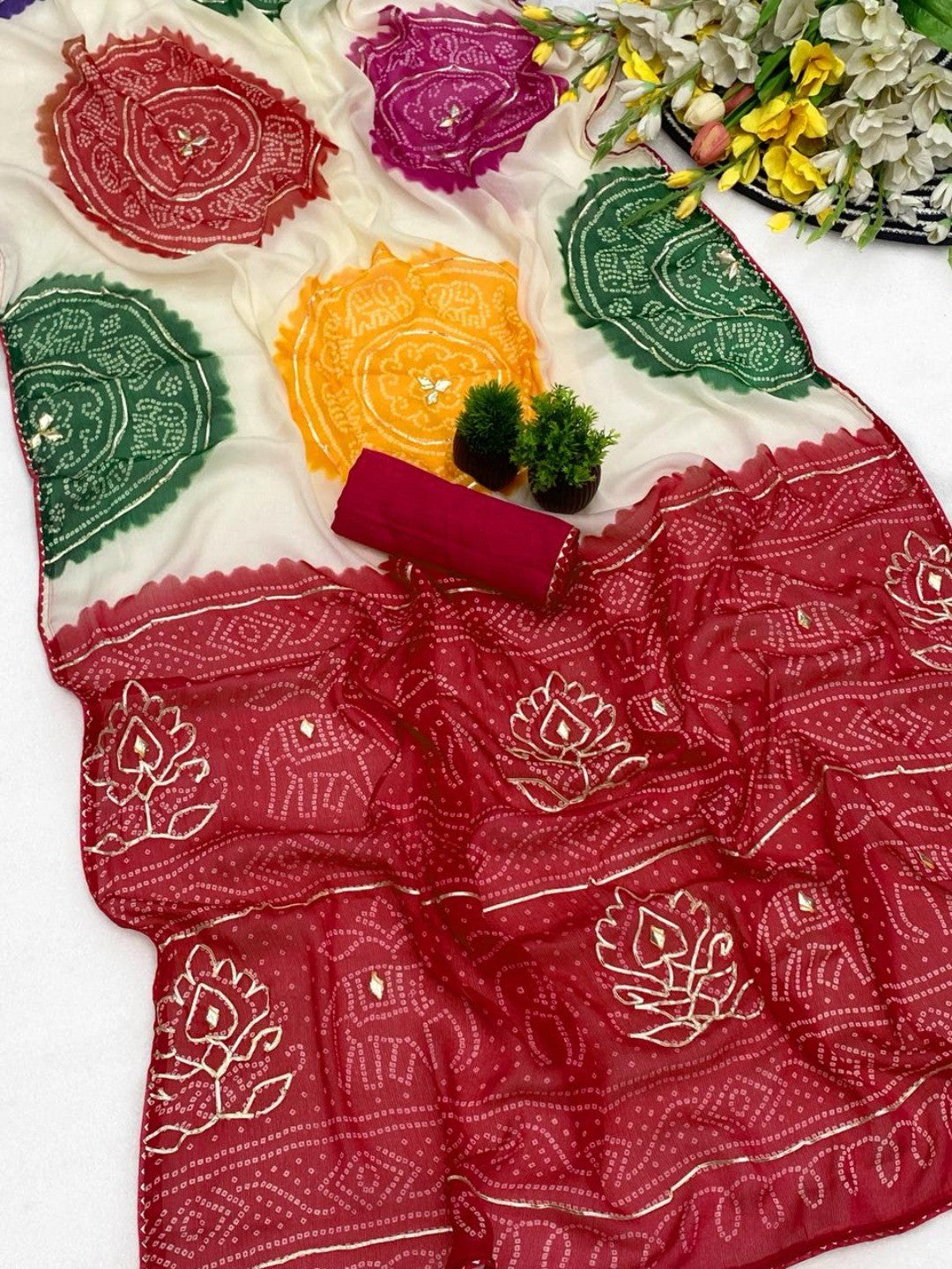 Stunning Multicolor Bandhani Print Chiffon Saree With Rich Gota Patti Embellishment - Image 3