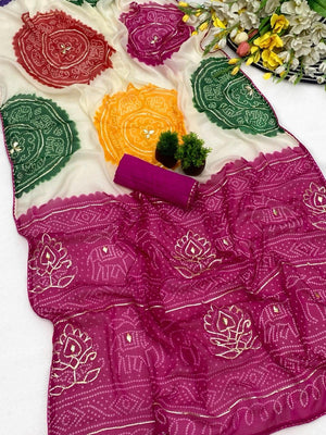 Traditional Multicolor Bandhani Print Chiffon Saree Adorned With Gota Patti Embellishment - Image 2