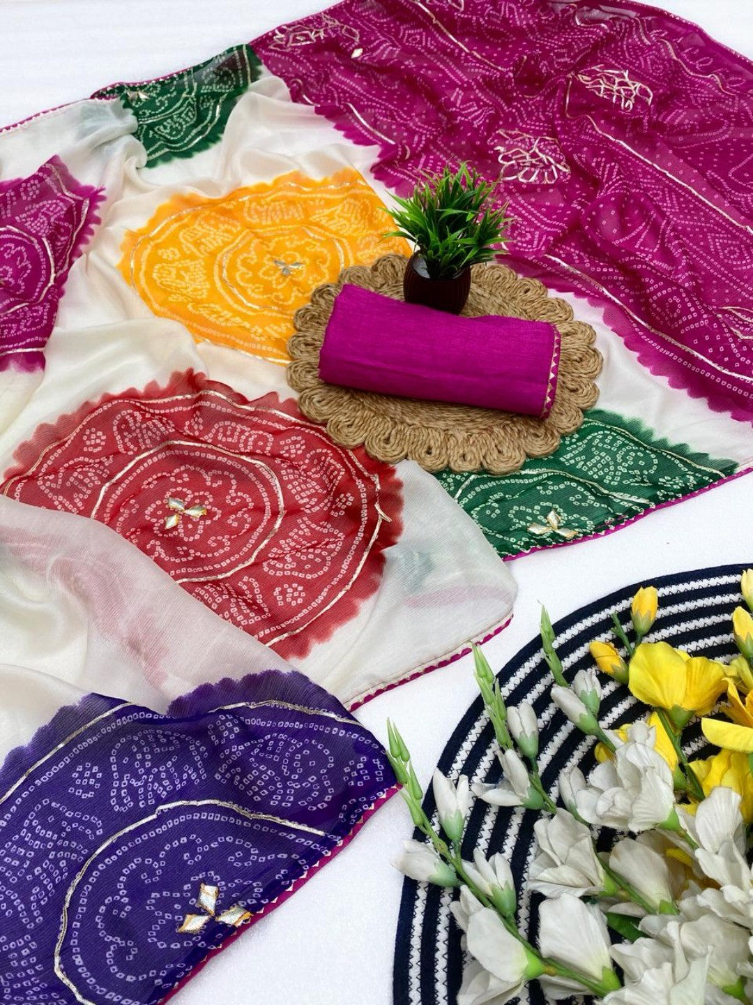 Traditional Multicolor Bandhani Print Chiffon Saree Adorned With Gota Patti Embellishment - Image 2