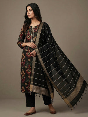 Ethnic Black Viscose Ikkat Print Kurta Salwar Suit with Stylish Dupatta - Image 1