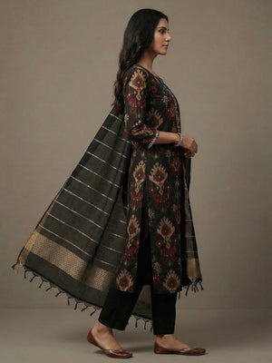 Ethnic Black Viscose Ikkat Print Kurta Salwar Suit with Stylish Dupatta - Image 2
