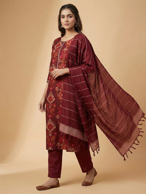 Ethnic Maroon Viscose Ikkat Print Kurta Salwar Suit with Stylish Dupatta - Image 1