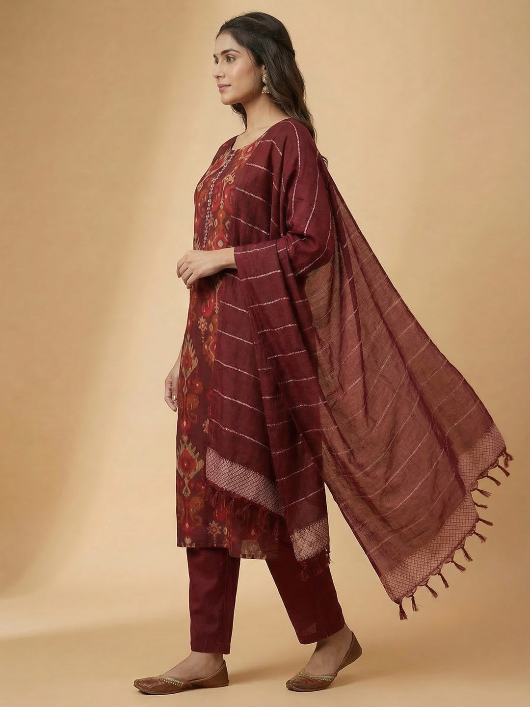 Ethnic Maroon Viscose Ikkat Print Kurta Salwar Suit with Stylish Dupatta - Image 2