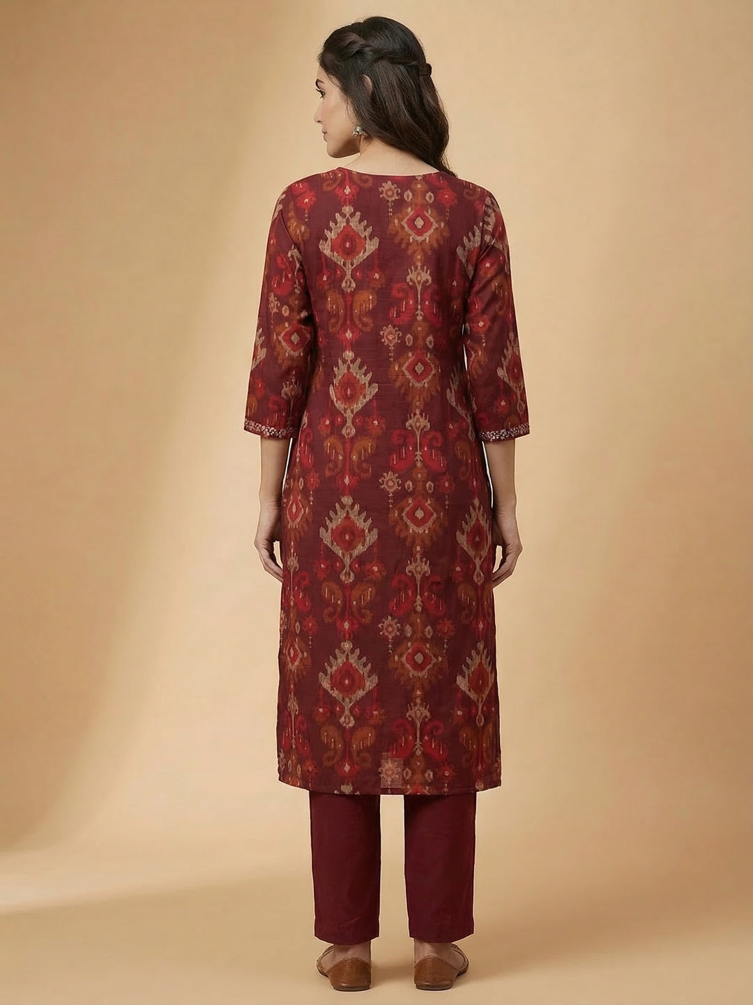 Ethnic Maroon Viscose Ikkat Print Kurta Salwar Suit with Stylish Dupatta - Image 3