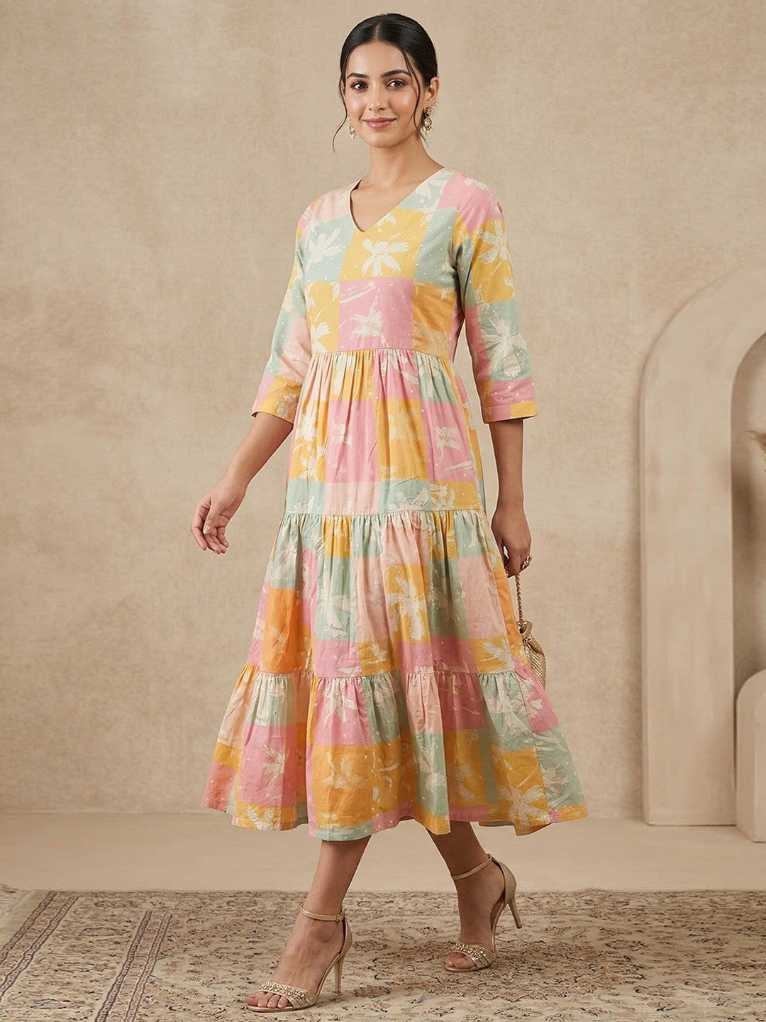 Trendy Multicolor Floral Printed Pure Cotton Tiered Dress with Stylish Layers - Image 1