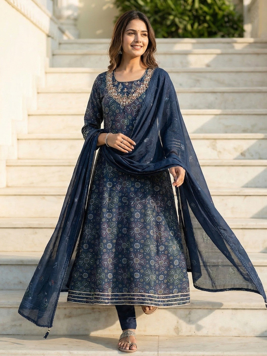 Navy Blue Mul Chanderi Printed Anarkali Salwar Suit with Dupatta - Image 1
