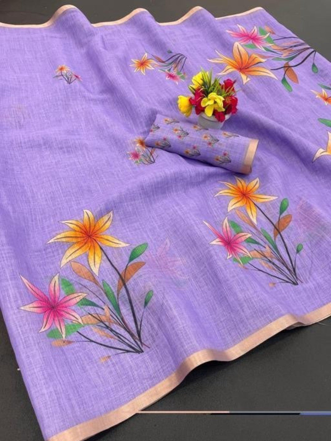 Lavender Floral Printed Linen Saree Adorned With Elegant Golden Zari Border Work - Image 2