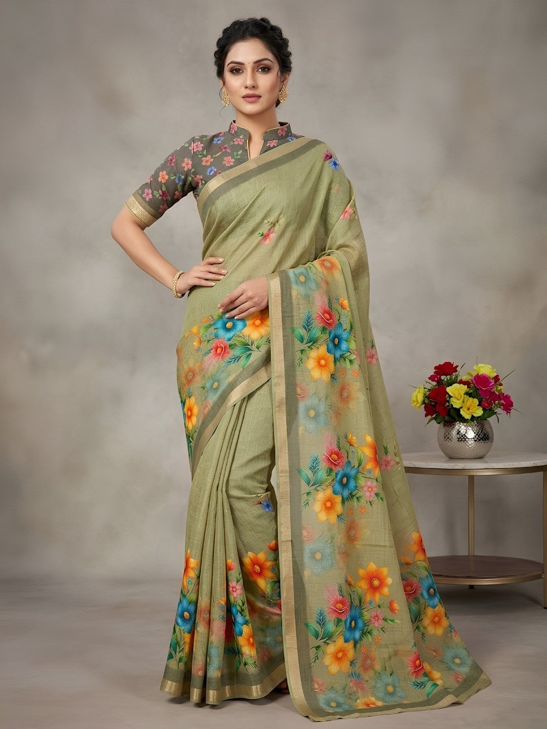 Elegant Green Linen Saree with Floral Print and Border Detail - Image 1