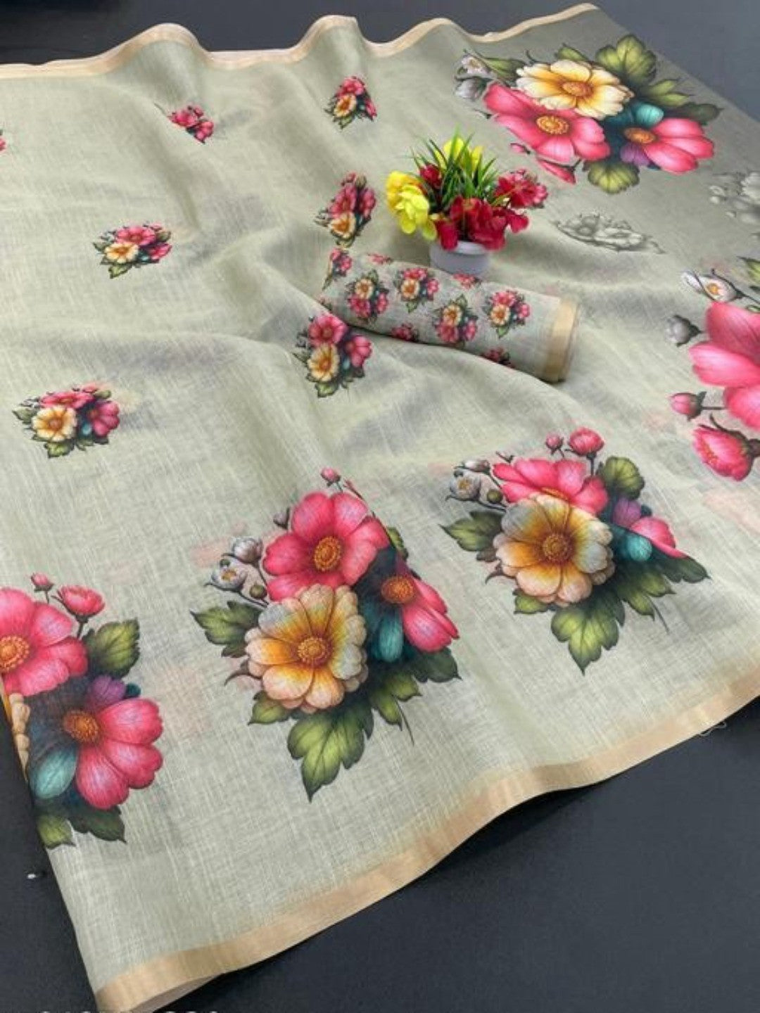 Sophisticated Sage Green Floral Printed Linen Saree With Fine Zari Border - Image 2