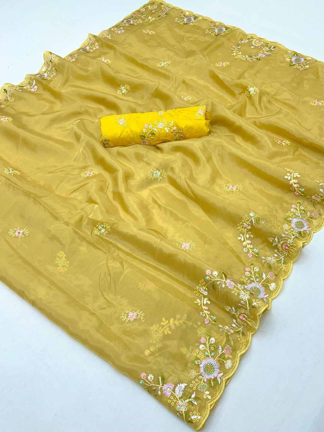 Designer Lemon Yellow Satin Saree With Floral Thread Embroidery & Sparkling Sequins Work - Image 3
