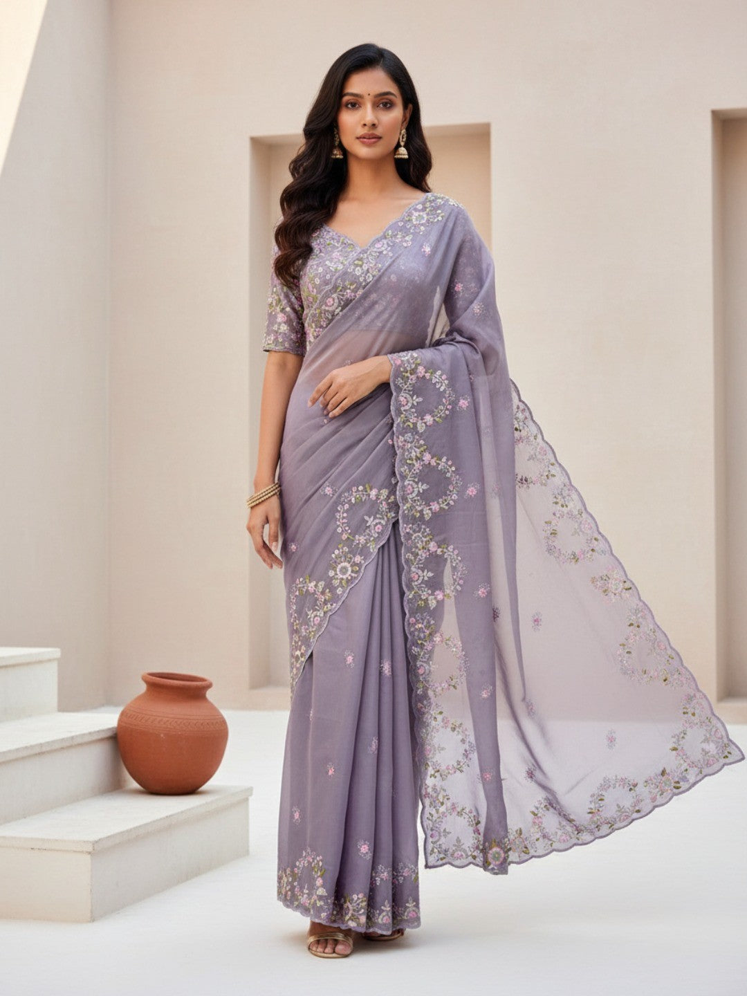 Designer Lavender Satin Saree With Floral Thread Embroidery & Sparkling Sequins Work - Image 1