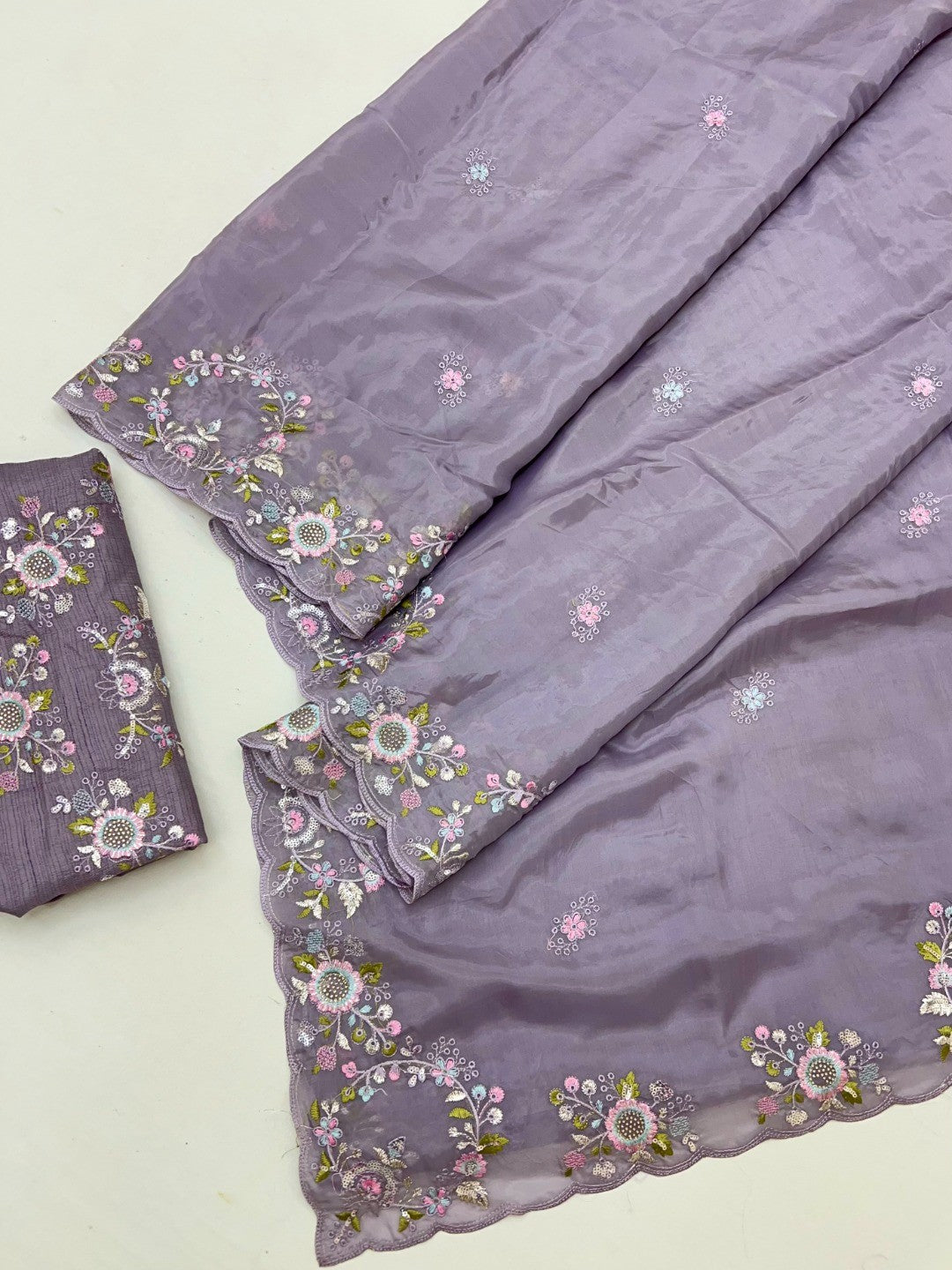 Designer Lavender Satin Saree With Floral Thread Embroidery & Sparkling Sequins Work - Image 3