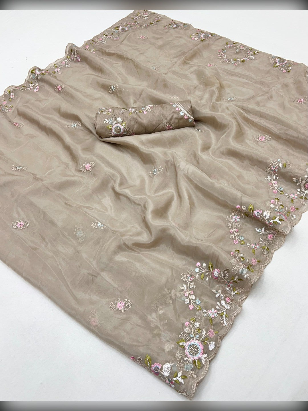 Designer Taupe Satin Saree With Floral Thread Embroidery & Sparkling Sequins Work - Image 3