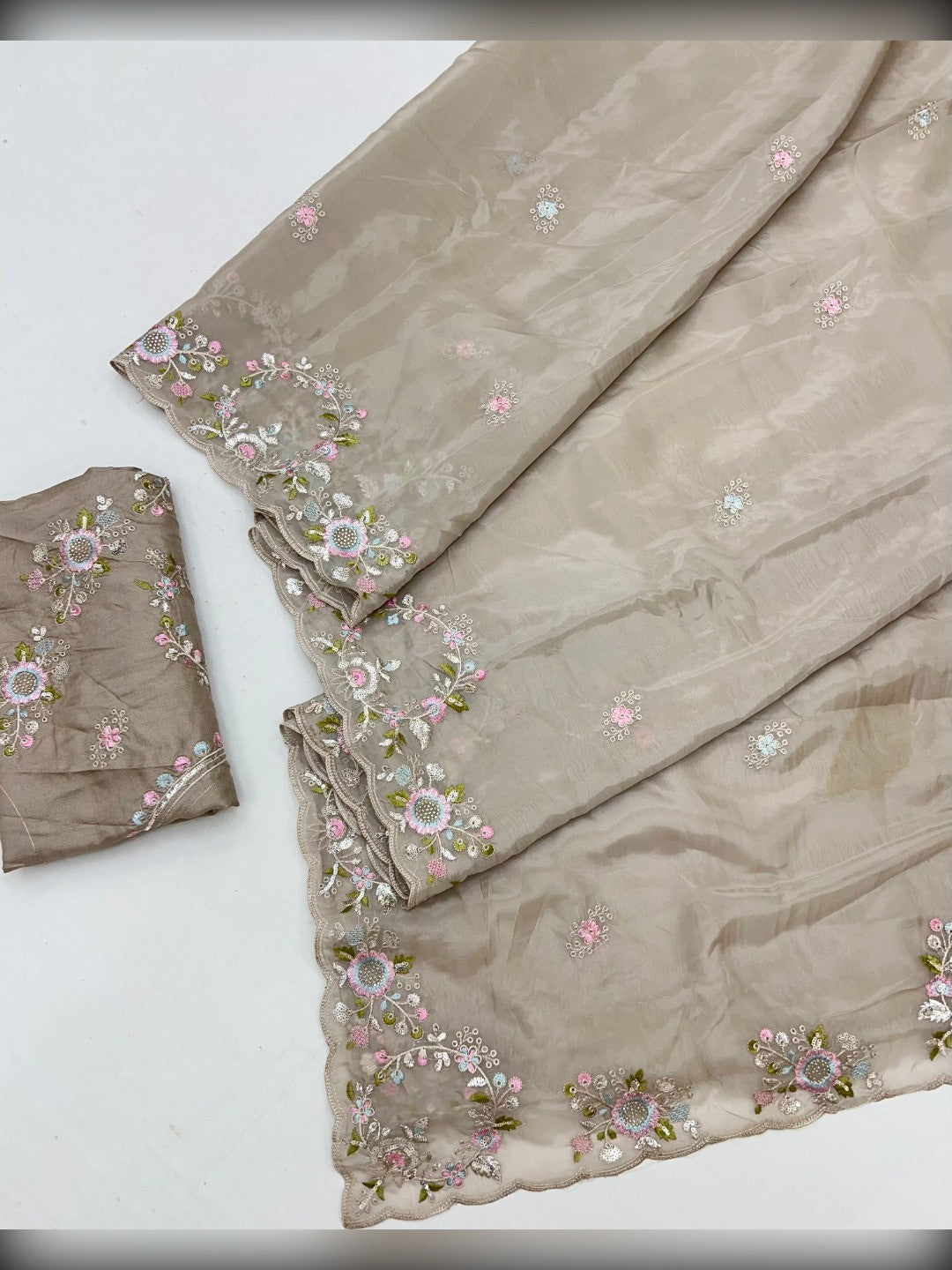 Designer Taupe Satin Saree With Floral Thread Embroidery & Sparkling Sequins Work - Image 2