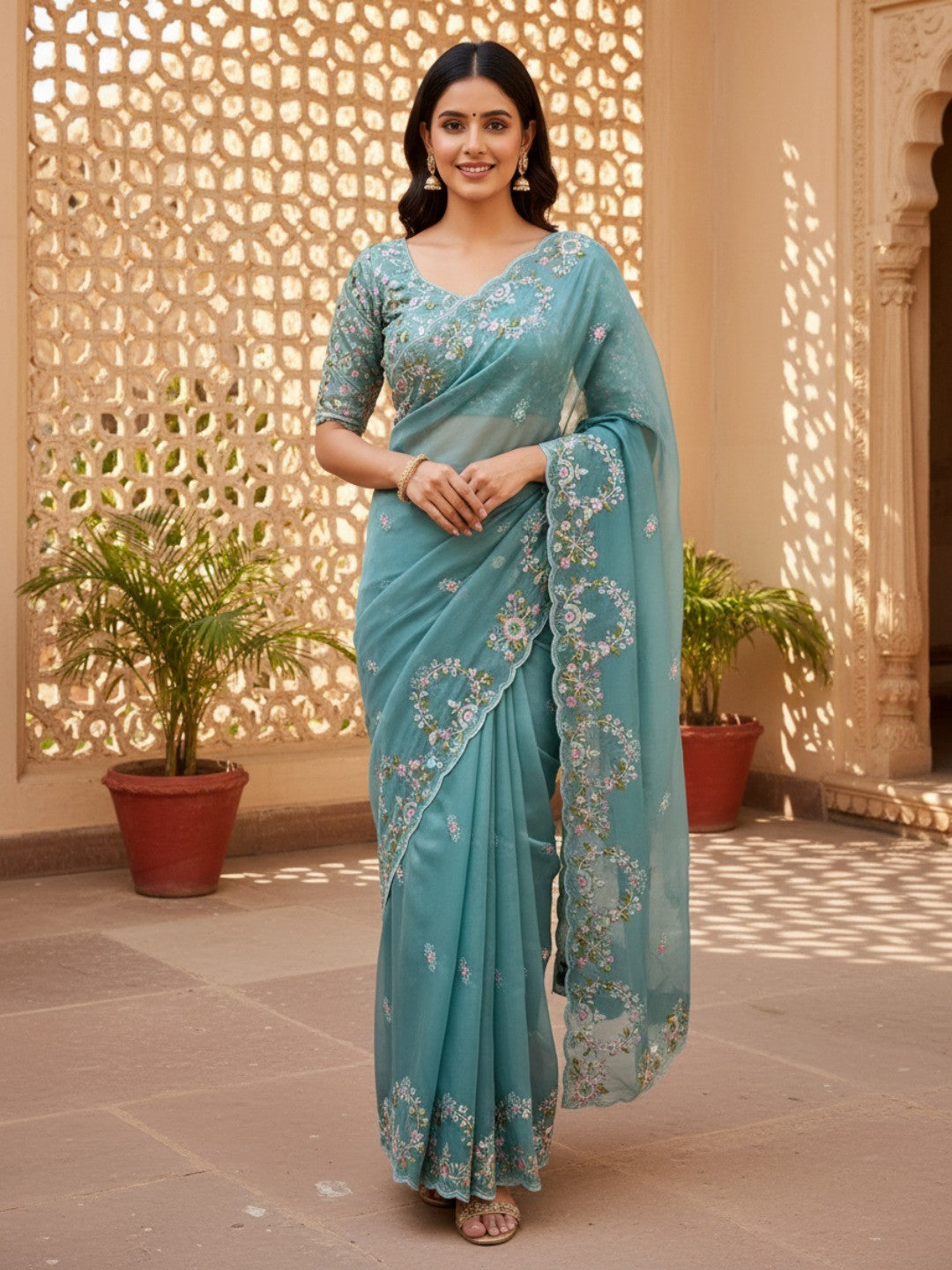 Designer Aqua Teal Satin Saree With Floral Thread Embroidery & Sparkling Sequins Work - Image 1