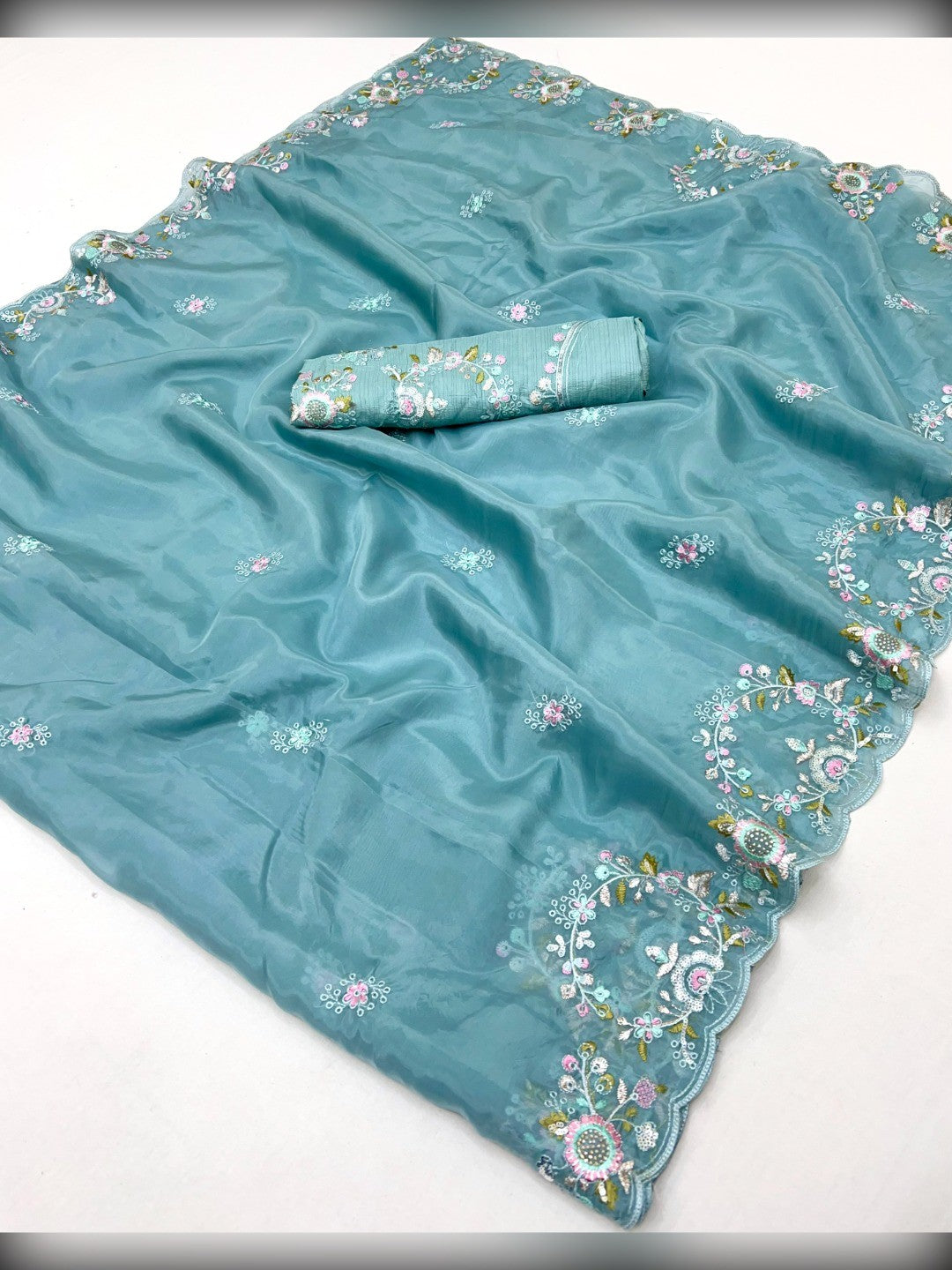 Designer Aqua Teal Satin Saree With Floral Thread Embroidery & Sparkling Sequins Work - Image 3