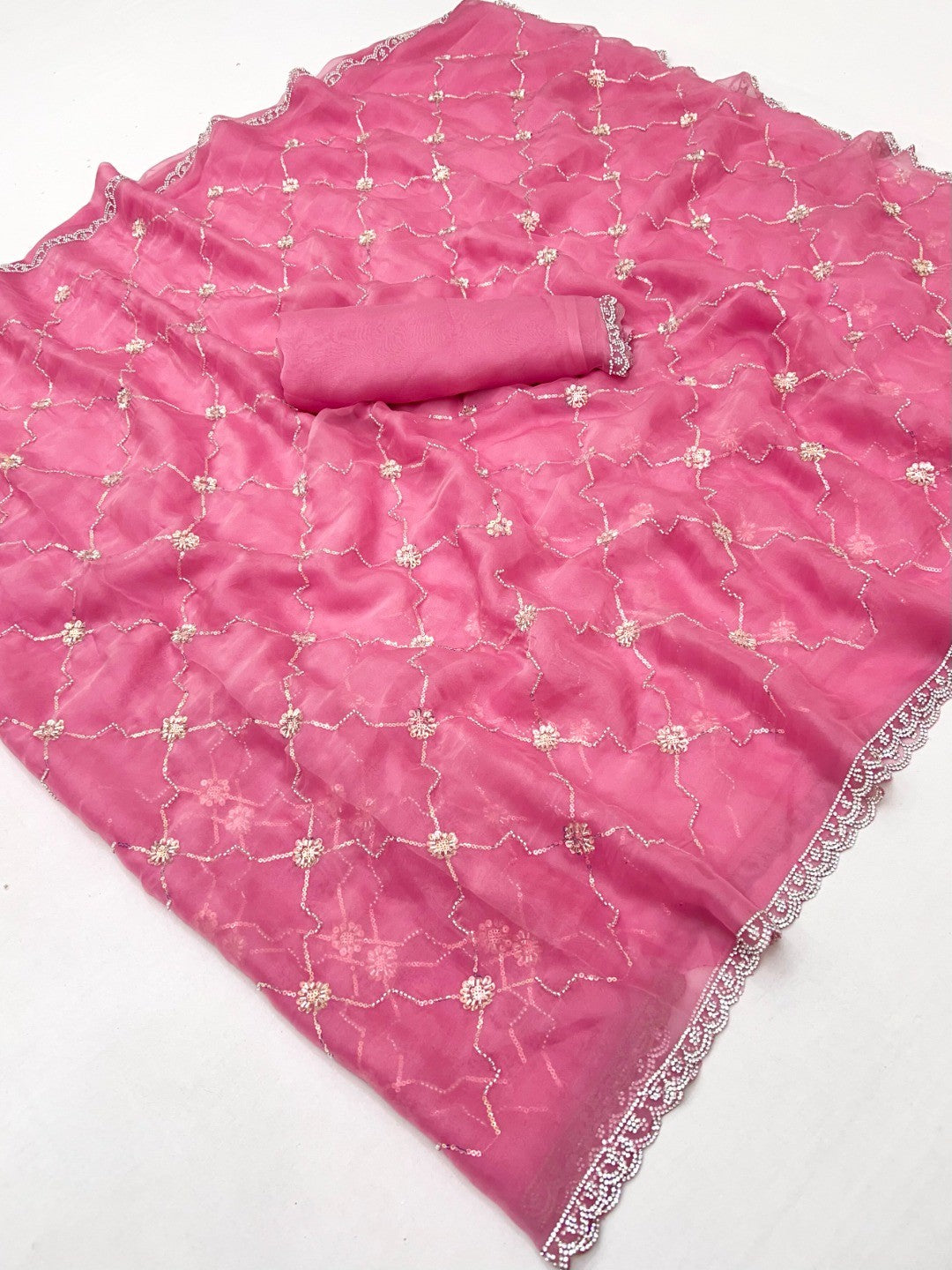 Elegant Rose Pink Chiffon Saree Adorned With Sequins Beads & Stone Embellished Work - Image 3