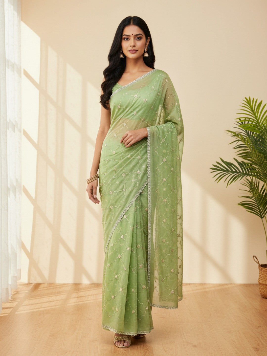 Elegant Green Chiffon Saree Adorned With Sequins Beads & Stone Embellished Work - Image 1