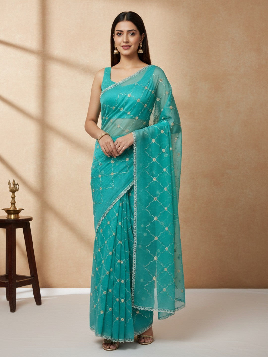 Elegant Turquoise Chiffon Saree Adorned With Sequins Beads & Stone Embellished Work - Image 1