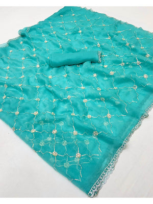Elegant Turquoise Chiffon Saree Adorned With Sequins Beads & Stone Embellished Work - Image 2
