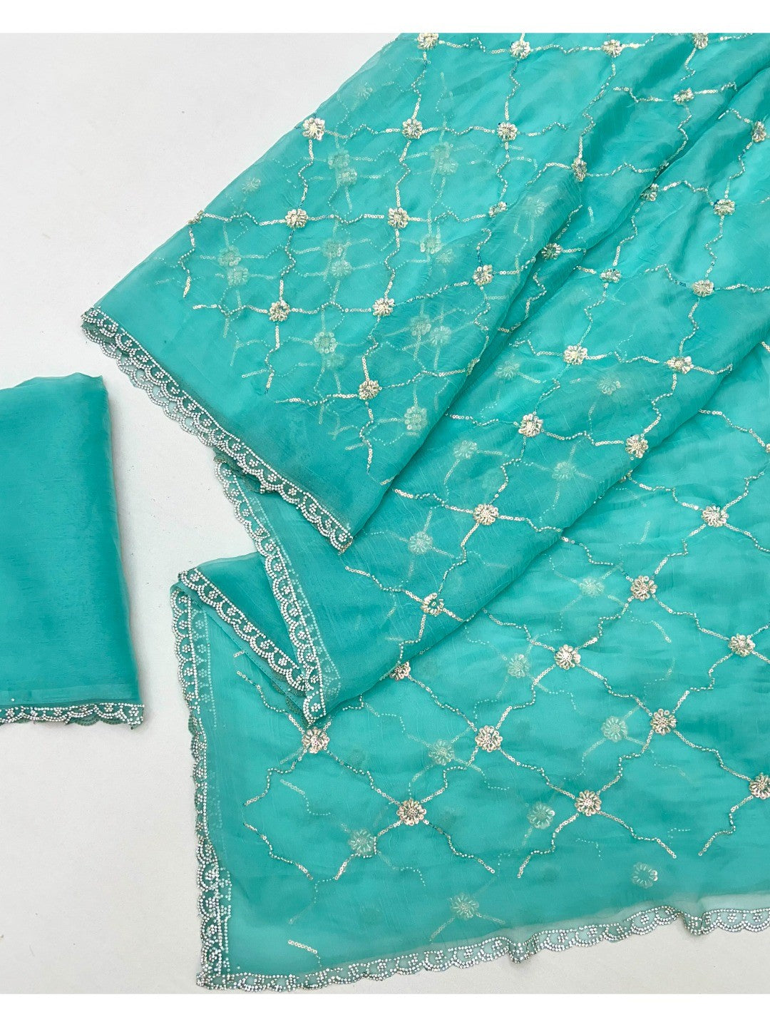 Elegant Turquoise Chiffon Saree Adorned With Sequins Beads & Stone Embellished Work - Image 3