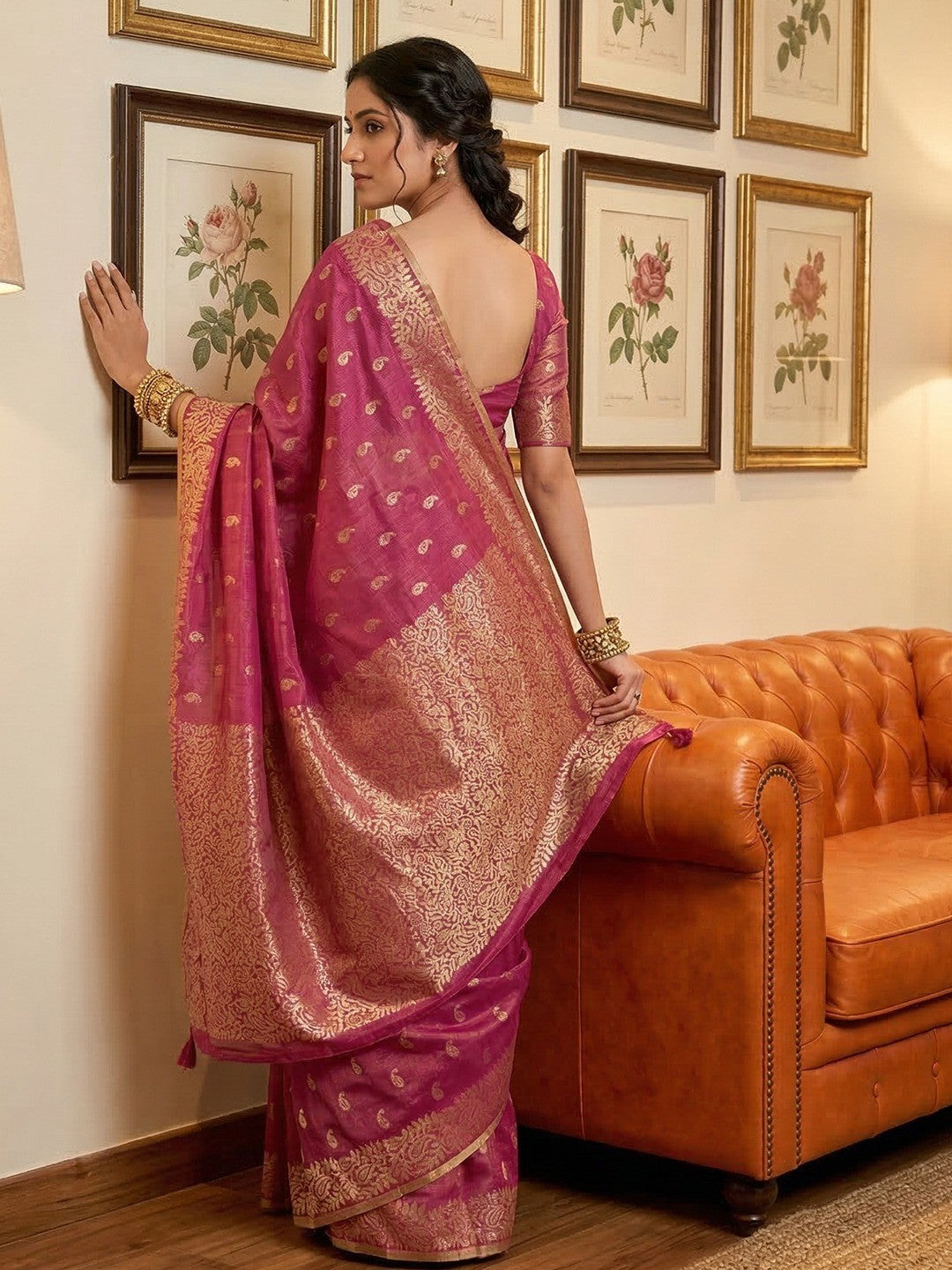 Wine Tissue Saree with Intricate Golden Zari Detailing - Image 2