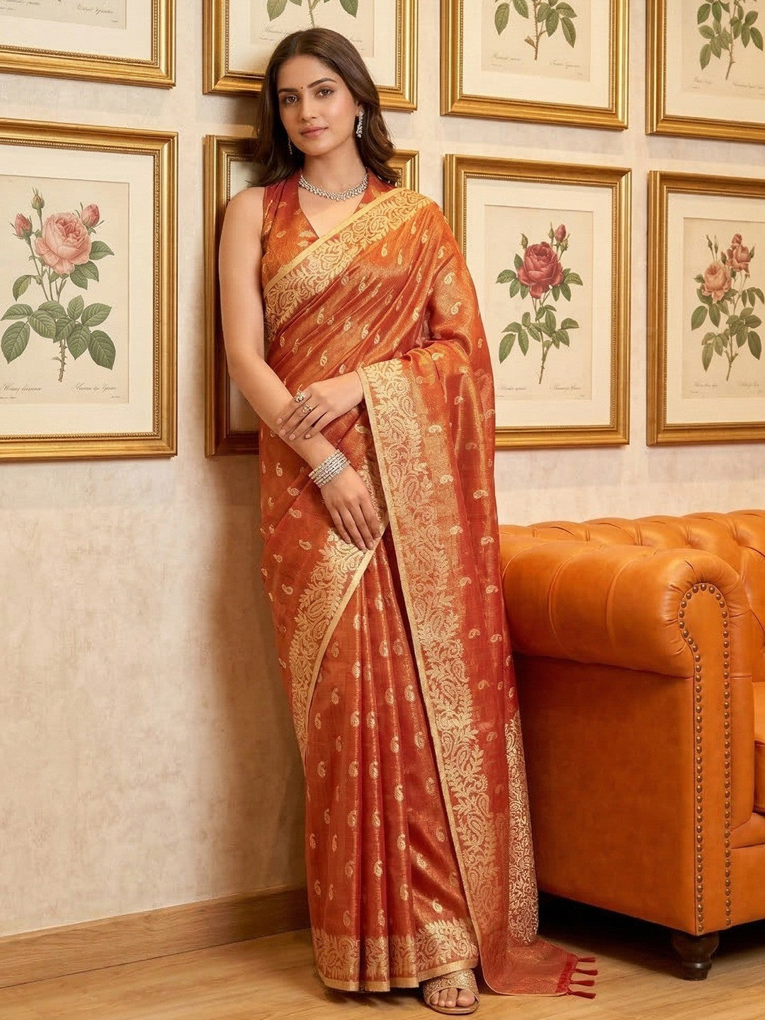Elegant Rust Paisley & Floral Zari Weaving Tissue Saree With Tassel Pallu - Image 3