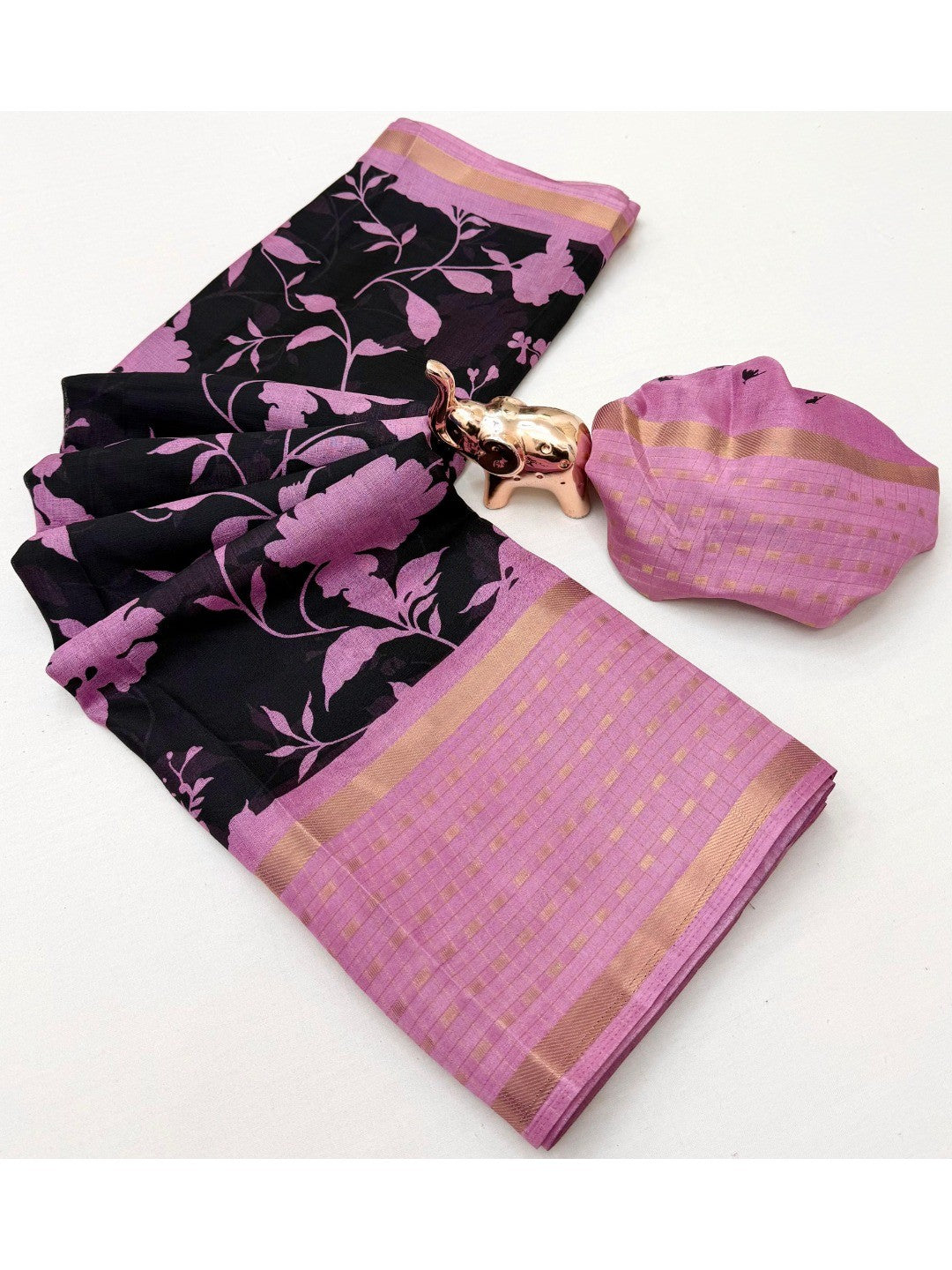 Pink Khaadi Saree with Floral Print and Golden Border - Image 3
