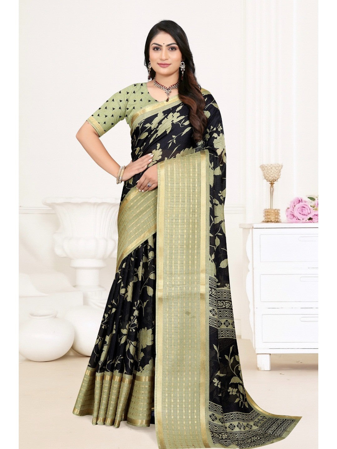 Elegant Green Khaadi Saree with Floral Print and Golden Border - Image 1