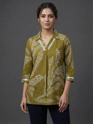 Green Rayon Top with White Print and Silver Detailing - Image 1