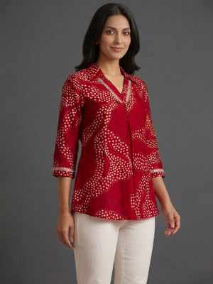 Pink Rayon Top with White Print and Silver Detailing - Image 1