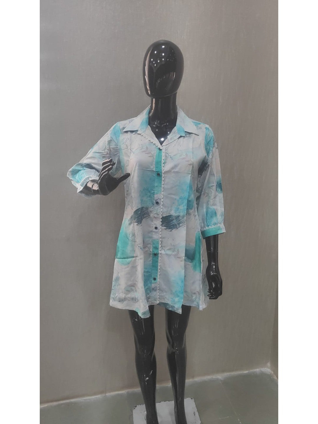 Sky Blue Abstract Print Rayon Tunic Top with Lace Detail - Image 2