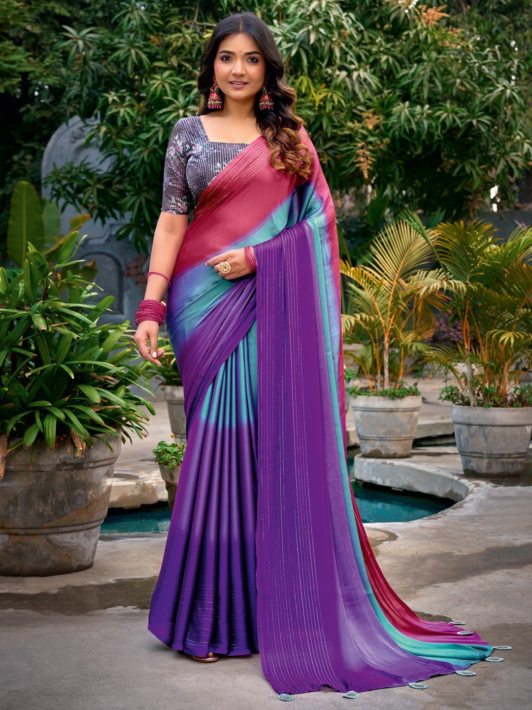Graceful Multicolor Ombre Chiffon Saree With Stylish Latkan Tassel Pallu & Zari Work - Image 1