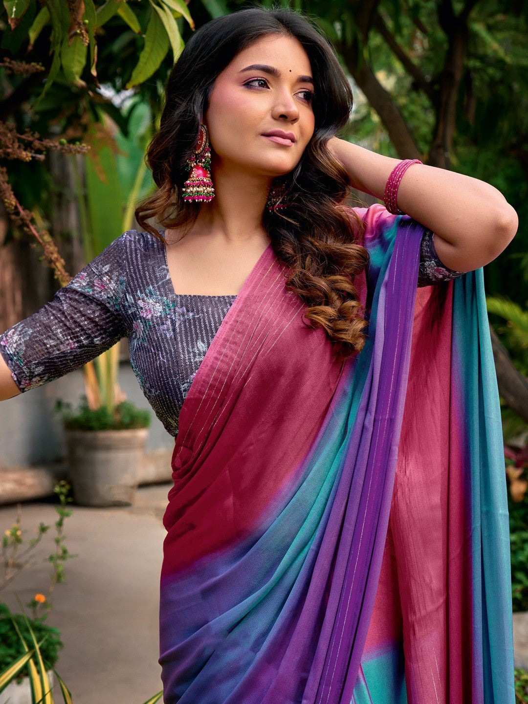 Graceful Multicolor Ombre Chiffon Saree With Stylish Latkan Tassel Pallu & Zari Work - Image 2