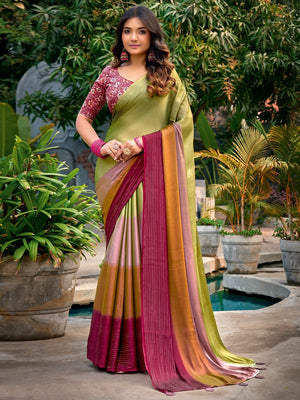 Festive Multicolor Ombre Saree With Decorative Latkan Tassel Pallu & Zari Work - Image 1