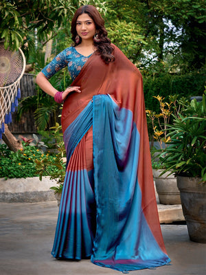 Premium Multicolor Ombre Chiffon Saree With Designer Latkan Tassel Pallu & Zari Fine Work - Image 1