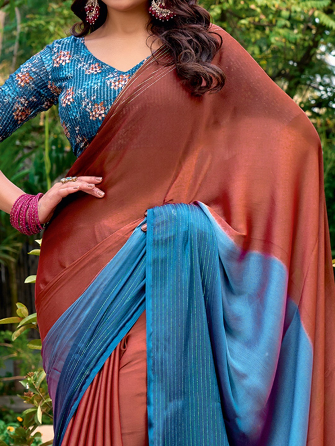 Premium Multicolor Ombre Chiffon Saree With Designer Latkan Tassel Pallu & Zari Fine Work - Image 3