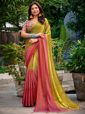 Ethnic Multicolor Ombre Chiffon Saree With Elegant Latkan Tassel Pallu & Crafted Zari Work - Image 1