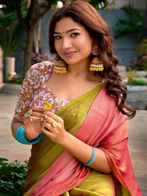 Ethnic Multicolor Ombre Chiffon Saree With Elegant Latkan Tassel Pallu & Crafted Zari Work - Image 2